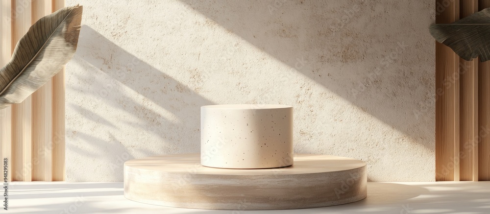 Cream cylinder on a circular geometric podium with a brown wood texture in a 3D rendering