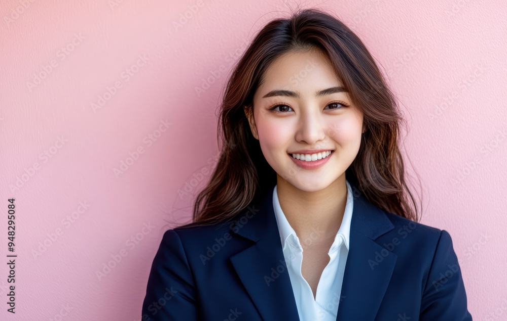 Asian businesswoman confidently posed in a suit, set against a pastel pink background, where her professional presence is softened by the gentle hues. Asian businesswoman confidently posed in a suit, set against a pastel pink background, where her professional presence is softened by the gentle hues.