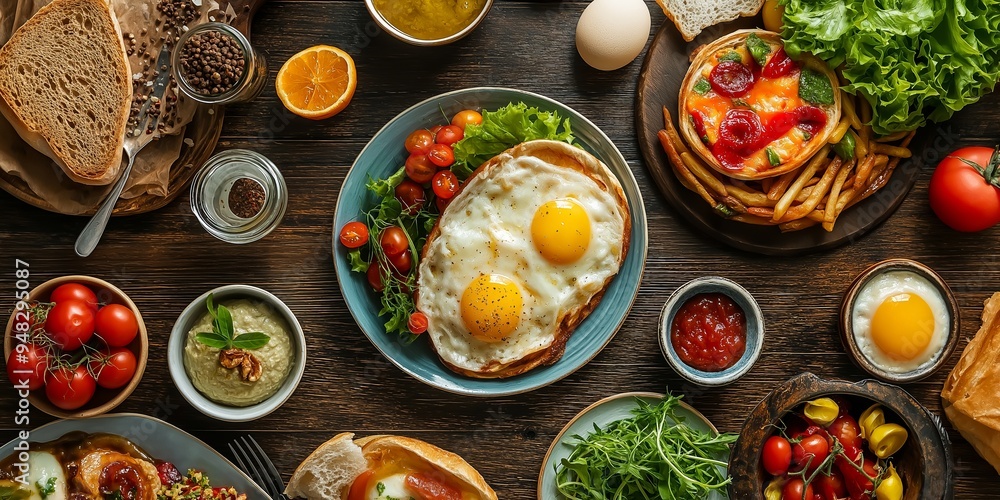 A hearty breakfast layout featuring sunny-side-up eggs, bread slices, vegetables, and various condiments with a rustic touch. A hearty breakfast layout featuring sunny-side-up eggs, bread slices, vegetables, and various condiments with a rustic touch.