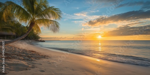 A serene tropical beach scene at sunset, featuring a palm tree leaning over white sand, with a calm ocean reflecting sunlit skies.