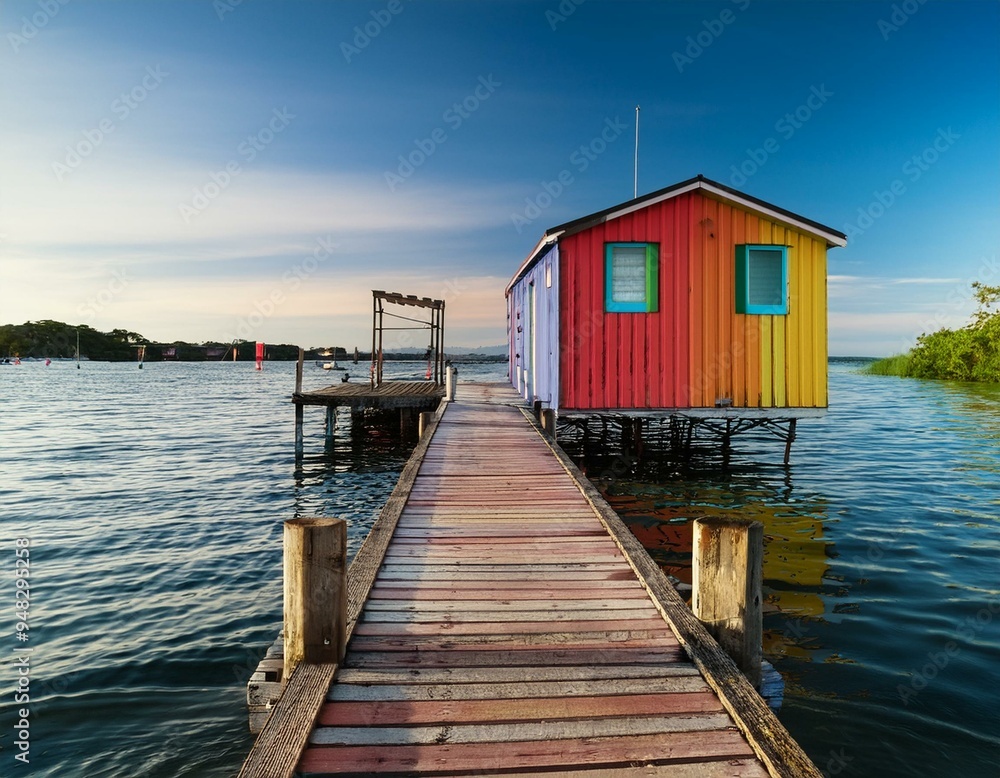 Fototapeta premium Close-up of weathered dock leading to a colorful floating house.