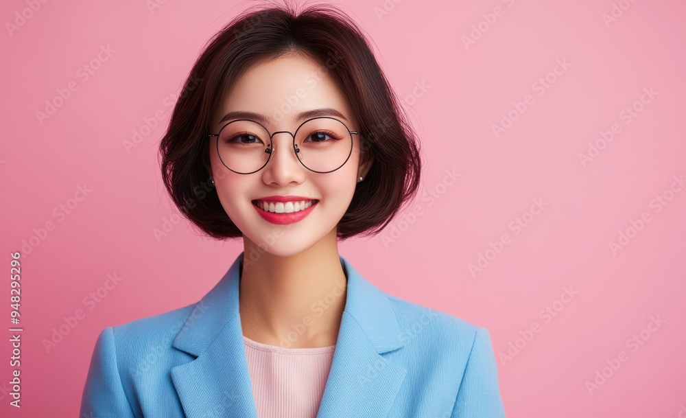 Asian businesswoman confidently posed in a suit, set against a pastel pink background, where her professional presence is softened by the gentle hues. Asian businesswoman confidently posed in a suit, set against a pastel pink background, where her professional presence is softened by the gentle hues.