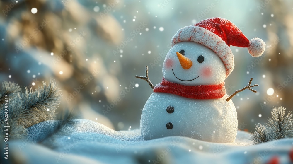 Fototapeta premium 2D cartoon style Christmas card featuring a sculpted snowman