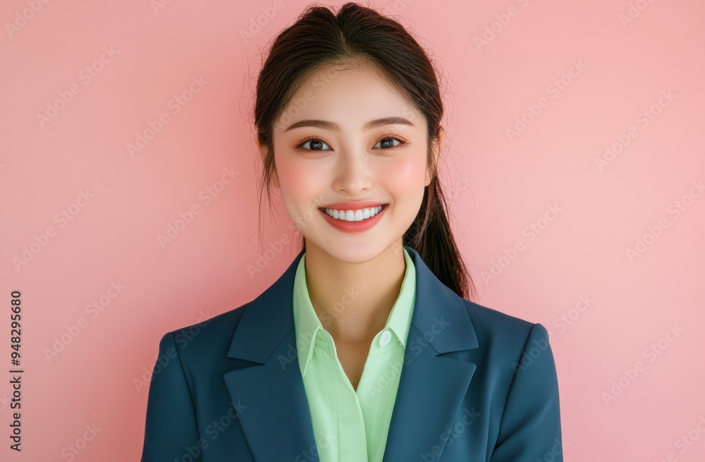 Asian businesswoman confidently posed in a suit, set against a pastel pink background, where her professional presence is softened by the gentle hues. Asian businesswoman confidently posed in a suit, set against a pastel pink background, where her professional presence is softened by the gentle hues.
