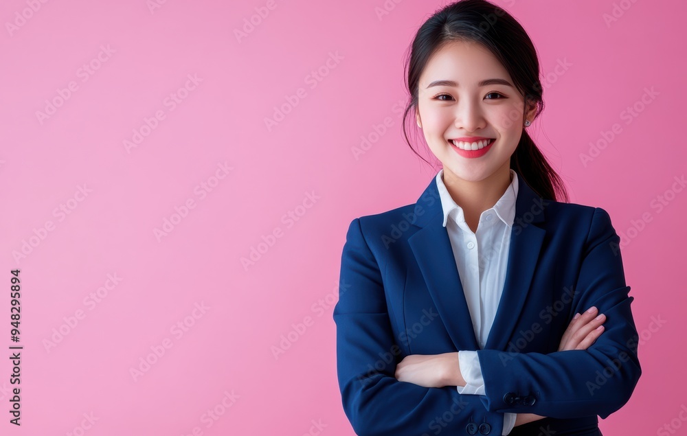 Asian businesswoman confidently posed in a suit, set against a pastel pink background, where her professional presence is softened by the gentle hues. Asian businesswoman confidently posed in a suit, set against a pastel pink background, where her professional presence is softened by the gentle hues.
