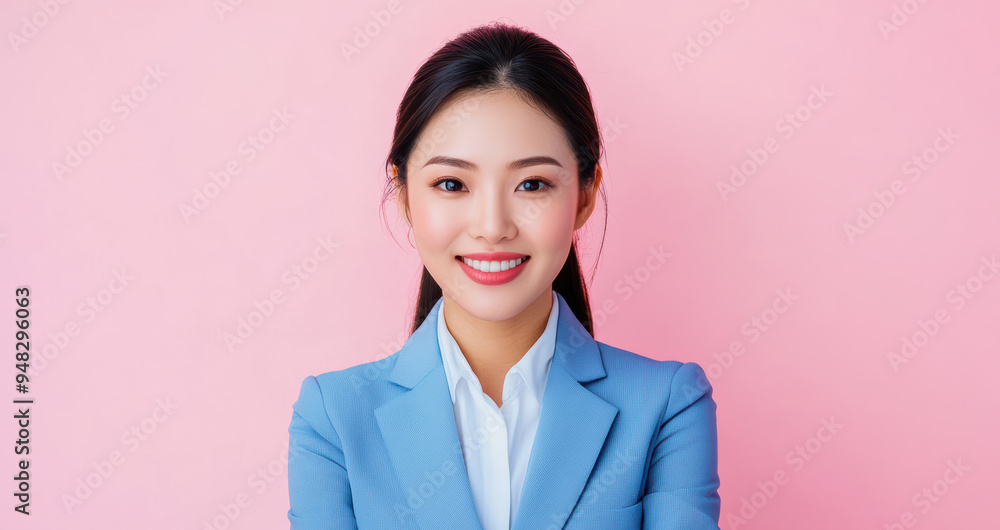Asian businesswoman confidently posed in a suit, set against a pastel pink background, where her professional presence is softened by the gentle hues. Asian businesswoman confidently posed in a suit, set against a pastel pink background, where her professional presence is softened by the gentle hues.
