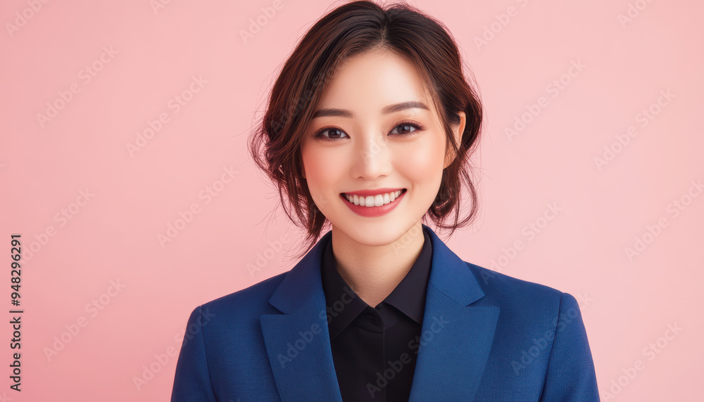 Asian businesswoman confidently posed in a suit, set against a pastel pink background, where her professional presence is softened by the gentle hues. Asian businesswoman confidently posed in a suit, set against a pastel pink background, where her professional presence is softened by the gentle hues.