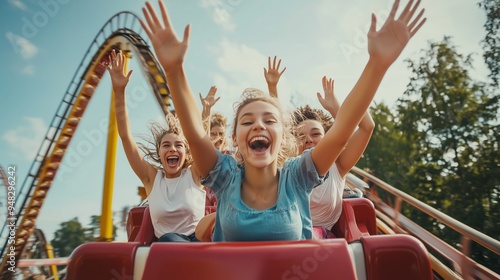 Fototapeta Naklejka Na Ścianę i Meble -  Joyful children experiencing excitement on a roller coaster in an amusement park on a sunny day
