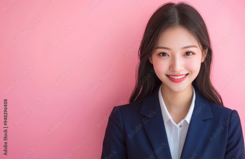 Asian businesswoman confidently posed in a suit, set against a pastel pink background, where her professional presence is softened by the gentle hues. Asian businesswoman confidently posed in a suit, set against a pastel pink background, where her professional presence is softened by the gentle hues.