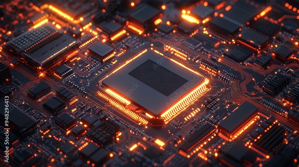 3D render of a robotics copper PCB, exploded view, floating components, detailed wiring, glowing edges, neon highlights, dark background with subtle grid pattern, tech-focused 3D render of a robotics copper PCB, exploded view, floating components, detailed wiring, glowing edges, neon highlights, dark background with subtle grid pattern, tech-focused