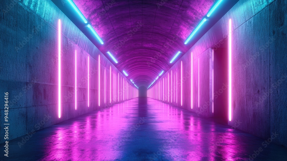 Neon Glowing Retro Modern Synthwave Tunnel with Purple and Blue Vibrant Lights Featuring Grunge Concrete Background in a 3D Rendered Illustration Neon Glowing Retro Modern Synthwave Tunnel with Purple and Blue Vibrant Lights Featuring Grunge Concrete Background in a 3D Rendered Illustration