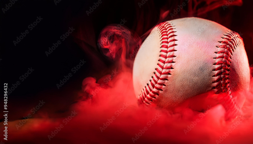 Baseball ball in red smoke on dark backdrop. Sport game concept. Close-up. Baseball ball in red smoke on dark backdrop. Sport game concept. Close-up.
