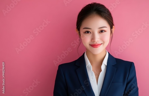 Asian businesswoman confidently posed in a suit, set against a pastel pink background, where her professional presence is softened by the gentle hues.