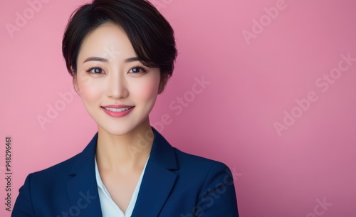 Asian businesswoman confidently posed in a suit, set against a pastel pink background, where her professional presence is softened by the gentle hues.