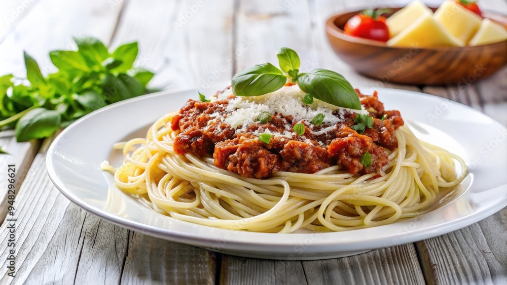 Traditional spaghetti bolognese served in a white plate with grated cheese on top Traditional spaghetti bolognese served in a white plate with grated cheese on top