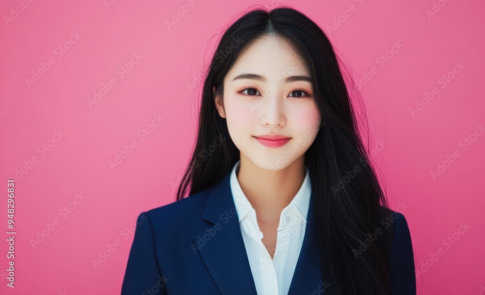 Asian businesswoman confidently posed in a suit, set against a pastel pink background, where her professional presence is softened by the gentle hues. Asian businesswoman confidently posed in a suit, set against a pastel pink background, where her professional presence is softened by the gentle hues.