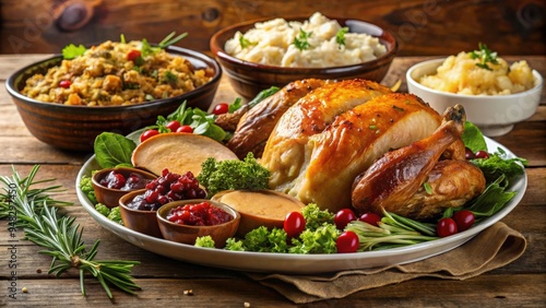 A delicious Thanksgiving platter featuring oven roasted turkey, mashed potatoes, gravy, salad, and stuffing viewed from the side