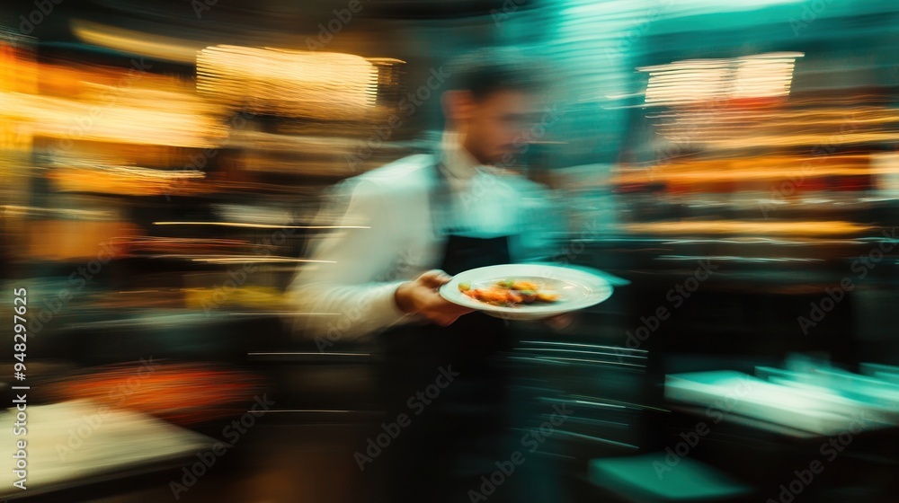 Blurry Motion of a Waiter Serving a Dish in a Restaurant Blurry Motion of a Waiter Serving a Dish in a Restaurant