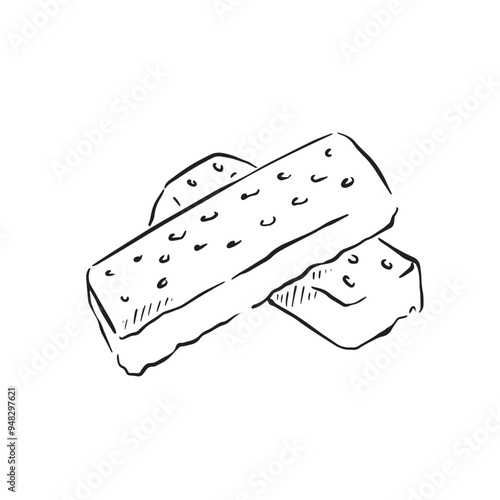 Shortbread stacked. Two Scottish biscuits hand drawn in line in black and white. Vector of a sweet snack.