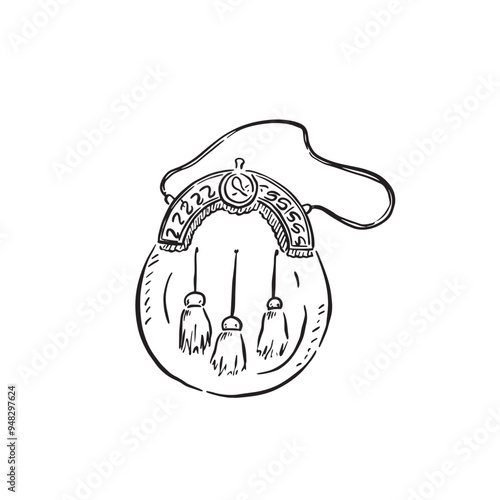 A sporran; a traditional Scottish item of clothing that is used as a pocket or bag for in front of the male kilt. Black and white drawing as a vector.