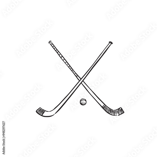 Crossed shinty sticks; a traditional Scottish sport. Ball game. Hand drawn sports equipment.