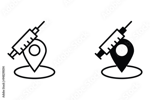 Medical syringe with location line icon. Injection navigation, population vaccination center, worldwide immunity symbol