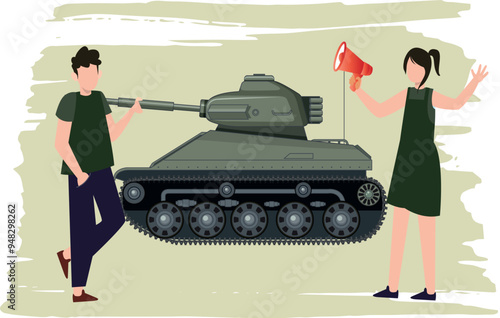 The girl is announcing a military tank through a megaphone.