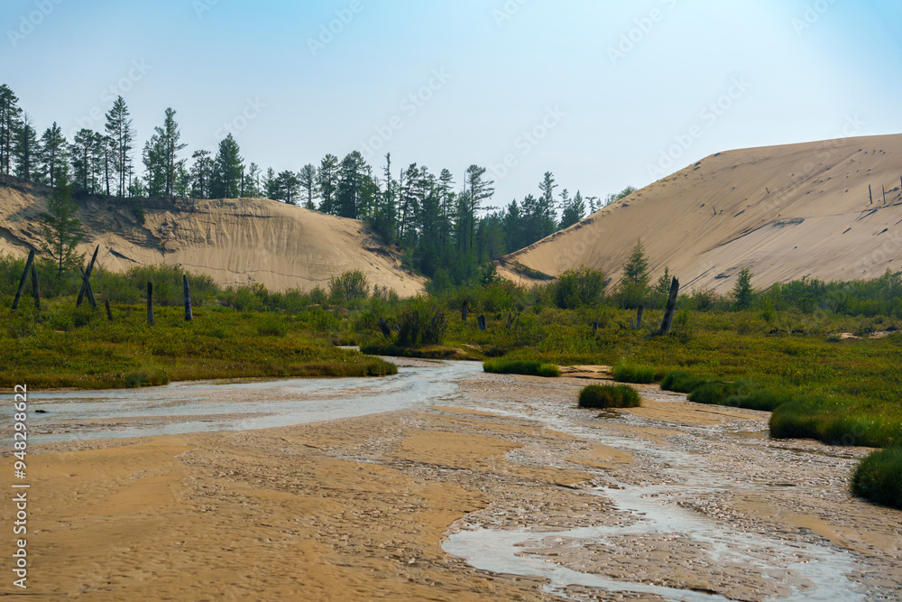 Mountain river winding through green valley Mountain river winding through green valley