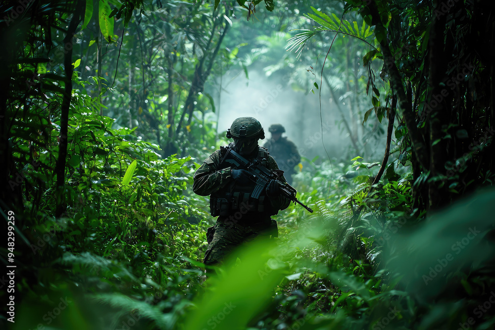 A lone soldier stealthily patrols a dense, vibrant forest, poised for action in a mysterious and tense atmosphere. A lone soldier stealthily patrols a dense, vibrant forest, poised for action in a mysterious and tense atmosphere.