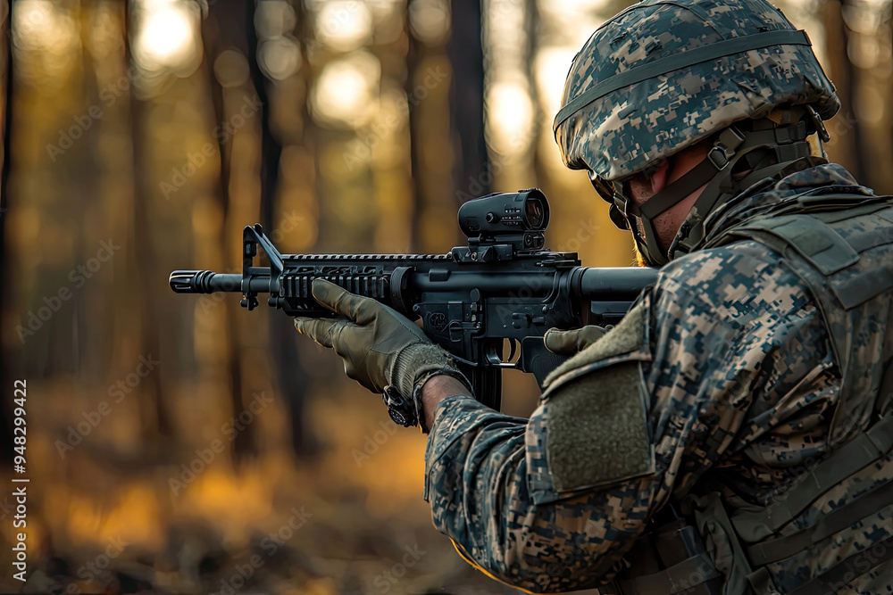 A soldier in tactical training reloading his weapon, surrounded by nature's golden light, emphasizing focus and readiness with precision. A soldier in tactical training reloading his weapon, surrounded by nature's golden light, emphasizing focus and readiness with precision.