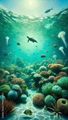 해파리와 거북이와 각종 열대어들과 산호초와 말미잘이 서식하는 맑고 깊은 바다 생태계