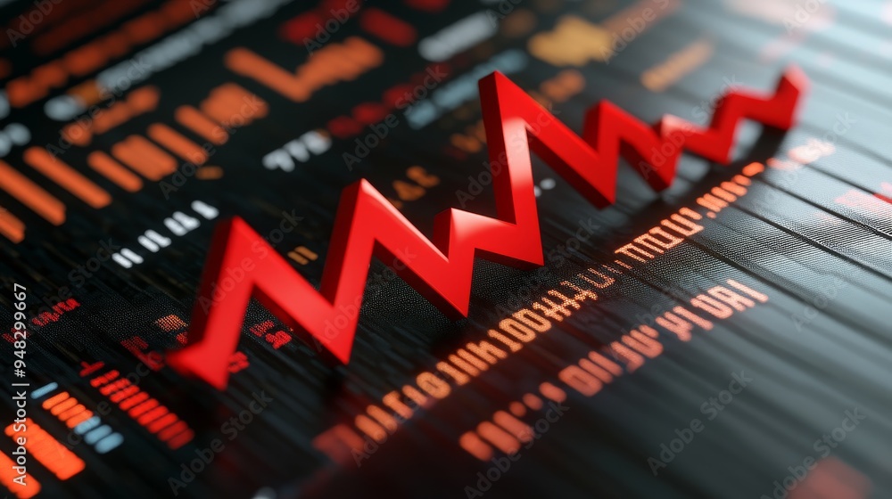 A 3D red arrow pointing downwards, symbolizing a decline in financial markets, economic recession, business downturn, market crash, and investment losses. A 3D red arrow pointing downwards, symbolizing a decline in financial markets, economic recession, business downturn, market crash, and investment losses.