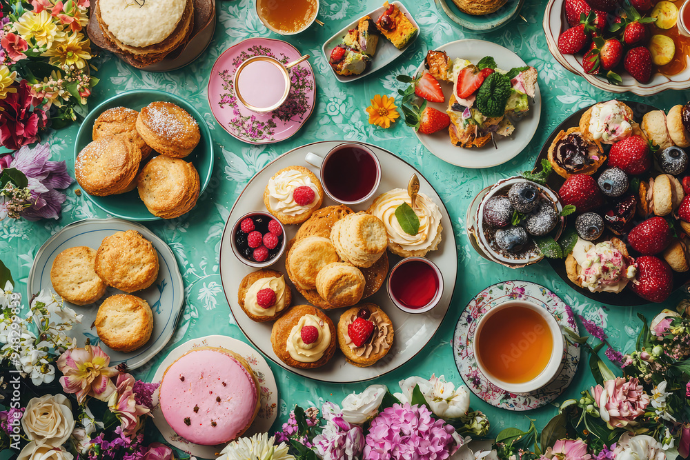 A Vibrant Afternoon Tea Spread Overflowing with Delicacies, Flowers, and Delicious Treats for a Delightful Gathering A Vibrant Afternoon Tea Spread Overflowing with Delicacies, Flowers, and Delicious Treats for a Delightful Gathering