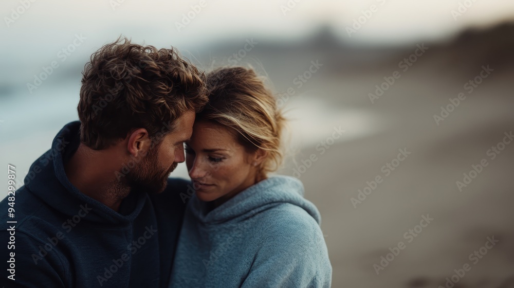 A couple tenderly embracing on a serene and dimly lit beach at dusk, wearing cozy hoodies, sharing an intimate moment with the gentle waves and distant horizon as backdrop. A couple tenderly embracing on a serene and dimly lit beach at dusk, wearing cozy hoodies, sharing an intimate moment with the gentle waves and distant horizon as backdrop.