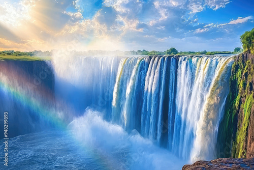 Witness the breathtaking beauty of Victoria Falls, a natural wonder cascades powerfully into the abyss, enveloped in mist.
