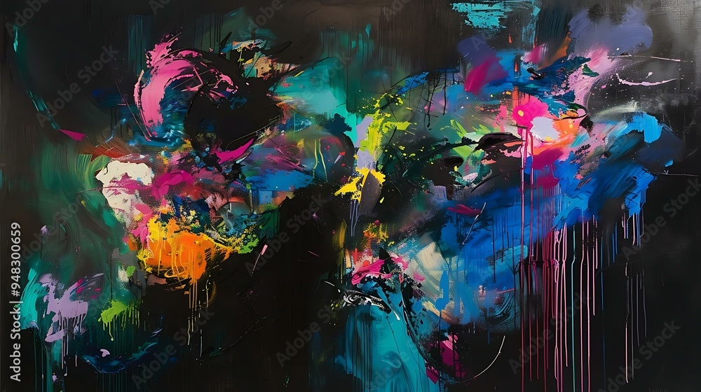 Fototapeta premium A large-scale abstract painting characterized by its use of bold splashes of color, including neon pinks, electric blues, and vivid greens, layered over a dark background, creating a striking