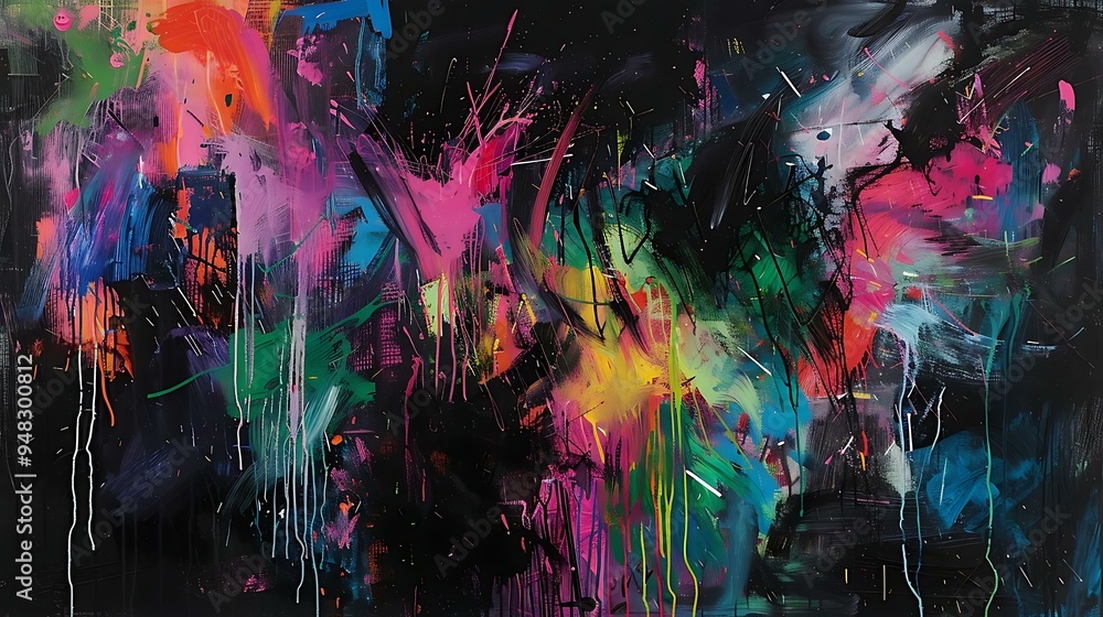 Fototapeta premium A large-scale abstract painting characterized by its use of bold splashes of color, including neon pinks, electric blues, and vivid greens, layered over a dark background, creating a striking