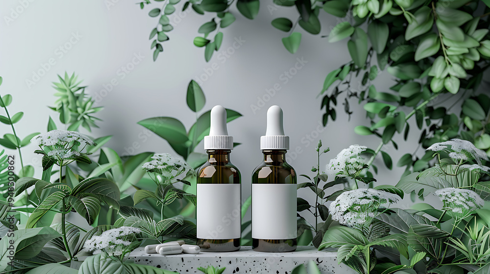 Two amber glass dropper bottles with white labels sit on a concrete surface surrounded by lush green foliage. The bottles have a minimalist design and are perfect for showcasing natural beauty product Two amber glass dropper bottles with white labels sit on a concrete surface surrounded by lush green foliage. The bottles have a minimalist design and are perfect for showcasing natural beauty product