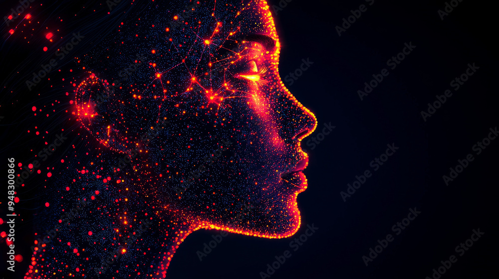 Side profile of a futuristic artificial intelligence computer head with glowing lines and data Side profile of a futuristic artificial intelligence computer head with glowing lines and data