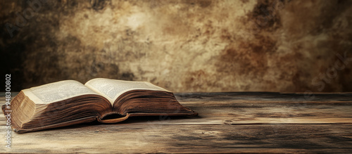 Open bible on old wooden table banner 