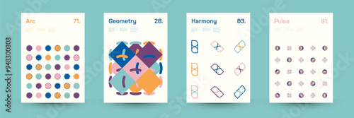 Comprehensive Set of Geometric Patterns: Ideal for Designers, Featuring a Wide Range of Symmetrical Shapes and Repeating Motifs for Versatile Use in Digital and Print Projects. Vector Illustration.	
