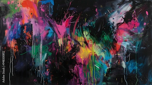 A large-scale abstract painting characterized by its use of bold splashes of color, including neon pinks, electric blues, and vivid greens, layered over a dark background, creating a striking