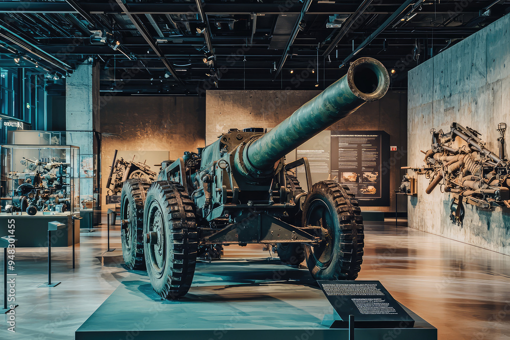 Fototapeta premium A striking vintage artillery piece stands proudly in a modern military museum, surrounded by numerous historical artifacts.