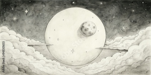Detailed pencil drawing of the moon and clouds.