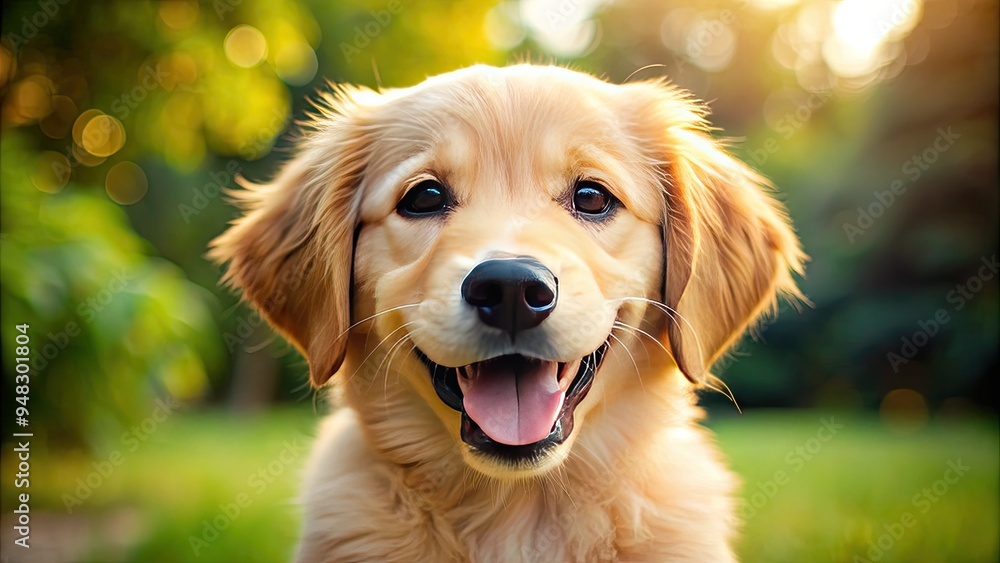 Adorable golden retriever puppy with fluffy fur and bright brown eyes beaming with joy, showcasing a heartwarming and infectious toothy smile outdoors. Adorable golden retriever puppy with fluffy fur and bright brown eyes beaming with joy, showcasing a heartwarming and infectious toothy smile outdoors.