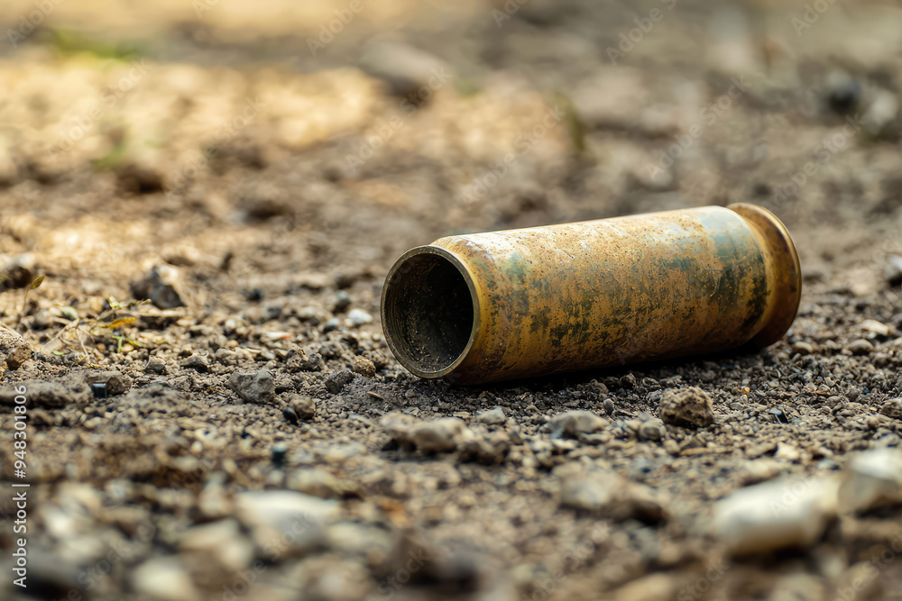 An artillery shell casing lies abandoned on the ground, a silent reminder of past conflicts and the stories untold in the land. An artillery shell casing lies abandoned on the ground, a silent reminder of past conflicts and the stories untold in the land.