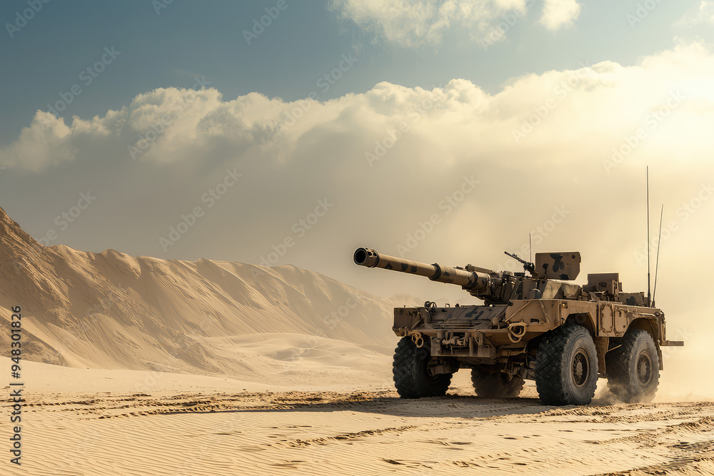 A formidable artillery vehicle navigates through the vast desert landscape, embodying power and resilience in harsh conditions. A formidable artillery vehicle navigates through the vast desert landscape, embodying power and resilience in harsh conditions.
