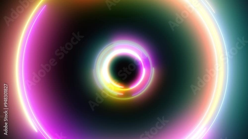 Abstract Retro VJ Background With Light Circles 4k animation of an abstract retro flashy background synth wave tunnel of shiny light circles with chromatic distortion and lens flare effects. 