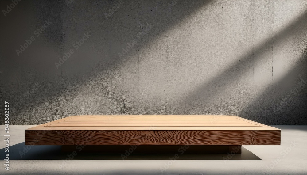 Floating wooden podium casting a subtle shadow on textured grey concrete wall. Floating wooden podium casting a subtle shadow on textured grey concrete wall.
