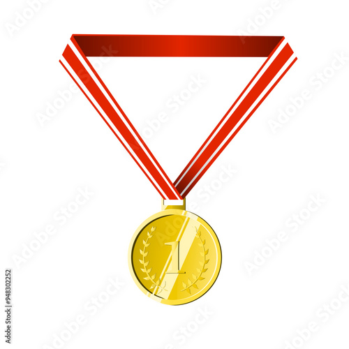 Gold Medal with Red and White Ribbon for First Place Achievement - Award Symbol of Victory, Honor, and Success - Vector Illustration for Sports, Competitions, Championships, and Recognition of Excelle